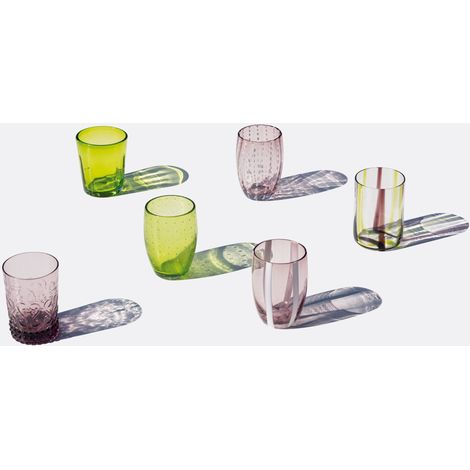 Set 6 Tumbler Bicolore Collezione Melting Pot in Vetro Decorato - Verde e Ametista - Zafferano