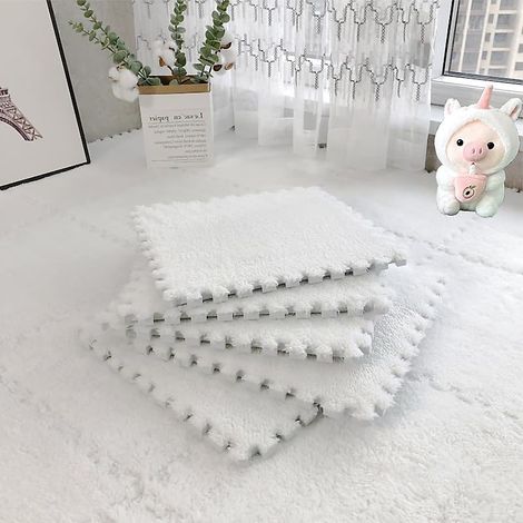 12PCS dalles de tapis emboîtables, tapis de chambre emboîtable de 30x30 cm avec bordure, tapis de jeu carré en mousse, blanc (1/5)