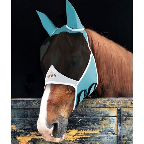 Full, Azzurro e Bianco: Maschera antimosche in tessuto elasticizzato e rete sottile Horses Pro Fly per cavalli