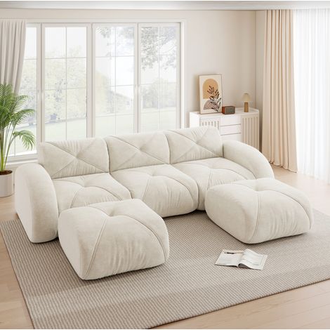 Modulares U-Sofa für 3 Personen mit 2 Hockern, Chenille, montagefrei, hellbeige HAVRYA (1/5)
