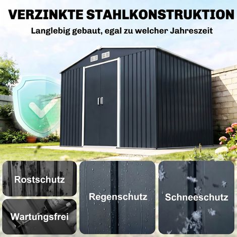 Abri de jardin métallique gris anthracite avec portes coulissantes, dimensions 277 x 195 x 192 cm
