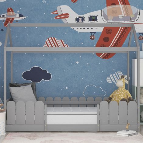 Redom – Lit cabane en bois massif 90x200 cm – Protection antichute – Sommier à lattes inclus – Couleur gris – Pour enfants de 5 à 10 ans (1/5)