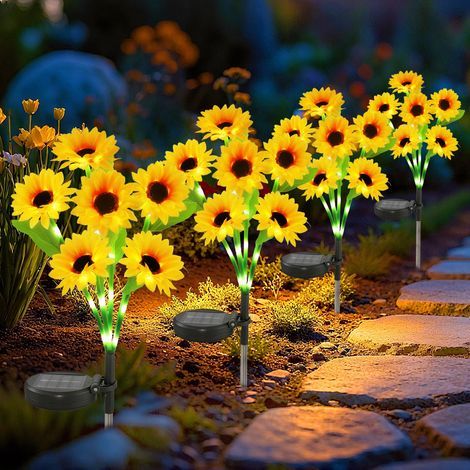 Lot de 4 lampes solaires en forme de tournesol étanches pour parterre de fleurs, patio, pelouse, cour, décoration de jardin, cadeau pour maman, femme, grand-mère (1/5)