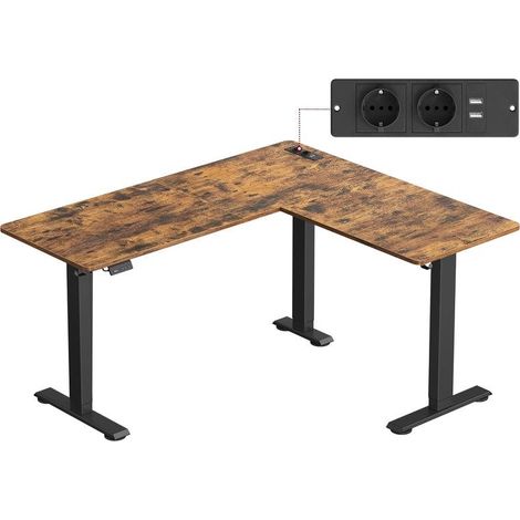 Bureau électrique réglable en hauteur table d’angle ergonomique 140 x 160 cm avec multiprise moderne en aggloméré noir (1/2)