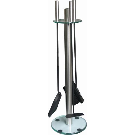 Alpertec Kamingarnitur 3-teilig Edelstahl mit Glasboden Kaminbesteck Kaminset