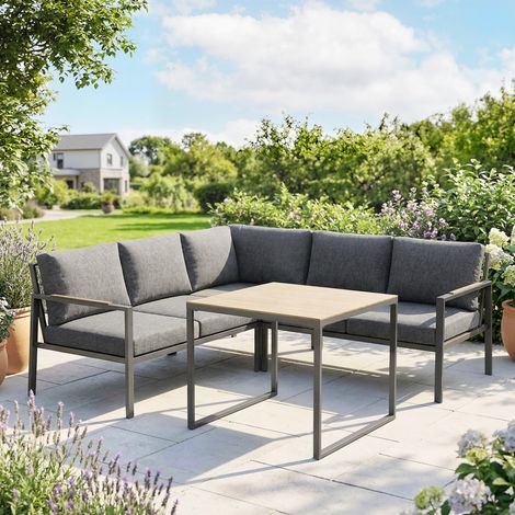 Salon de Jardin Extérieur 3 Pièces 5 Personnes, 2 Canapés avec Coussins Épais, 1 Table Basse, 183x183x72cm, Gris Foncé (1/5)