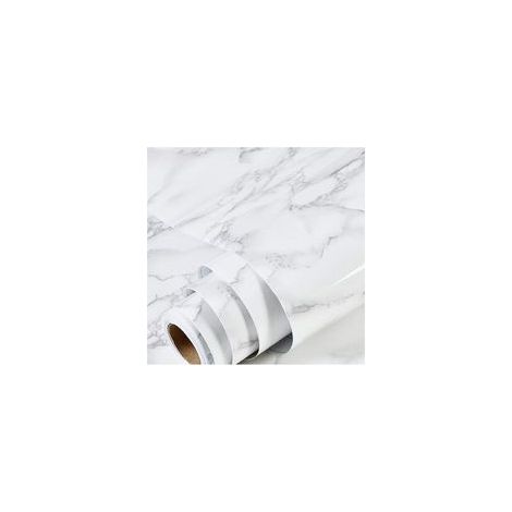 Papier Peint Film Rouleau Adhesif pour Meuble Cuisine Mural, Papier Autocollant pour Meuble Armoires Imperméable, Décoratif Revêtement Blanc Marbre