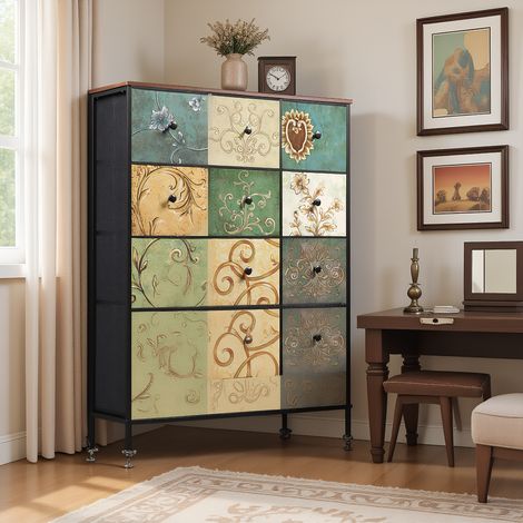 Kommode 100 cm mit 9 Schubladens, Schubladenschrank mit Metallrahmen und Holzplatte, Bohème-Stil Aufbewahrungsschrank, für das Wohnzimmer, Schlafzimmer und Esszimmer, Vintage-Muster (1/5)