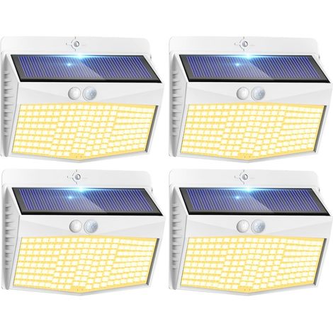 Lampe Solaire Exterieur Detecteur de Mouvement Lot de 4, LED Lumiere Extérieur avec Détecteur, 3 Modes/etanche Spot Solaire, Eclairage Extérieure pour Jardin Murale Garage, Blanc Chaud (1/5)