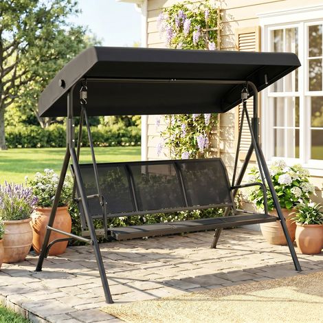 Columpio de Jardín Exterior de 3 Plazas con Toldo Reclinable Respaldo Transpirable Marco de Acero 175x118x159 cm Negro (1/5)