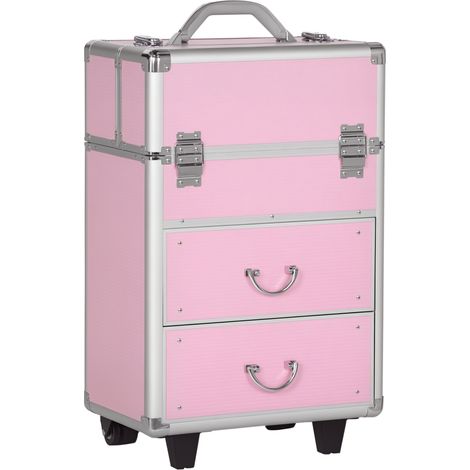 Valise maquillage trolley cosmétique alu ABS rose 36L x 23l x 58H cm poignée réglable télescopique vanity