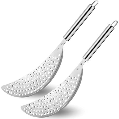 Colador de sartén de 2 piezas con mango, de acero inoxidable, apto para pasta, salteados, frutas y verduras. Colador de pasta, escurridor, escurridor de alimentos resistente. (1/5)