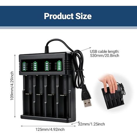 Chargeur 18650 avec écran LCD, chargeur de batterie Li-ion, chargeur rapide 4 compartiments pour batteries 3,7 V, universellement compatible avec 18650, 26650, 18500, 14500, 21700, 26700, USB-A