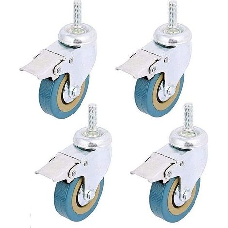 4 pack, Verrouillage 3" Mont tige filetée Roulette pivotante Rotation Non marquant Roue à roulettes en polyuréthane et frein pour chariots, meubles, établi (Tige filetée: 12 X 30mm)
