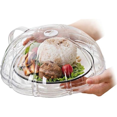 Couvercle de protection transparent pour micro-ondes avec évents et poignées, idéal pour maintenir les aliments au chaud et protéger du soleil. Convient également aux fours domestiques. (1/5)