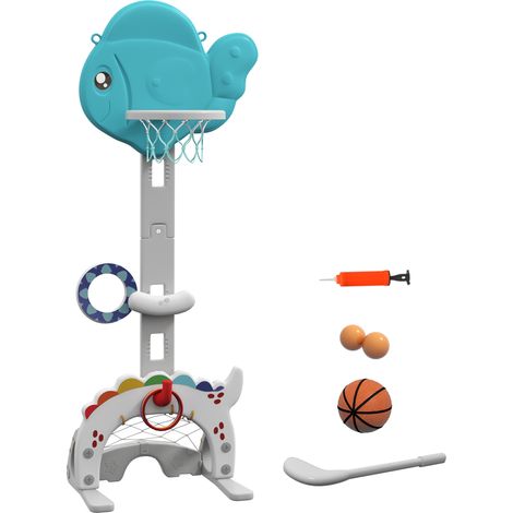 Panier de basket enfant 5-en-1 avec hauteur ajustable, but de foot, cible de golf, anneau de lancer, bleu et gris (1/5)