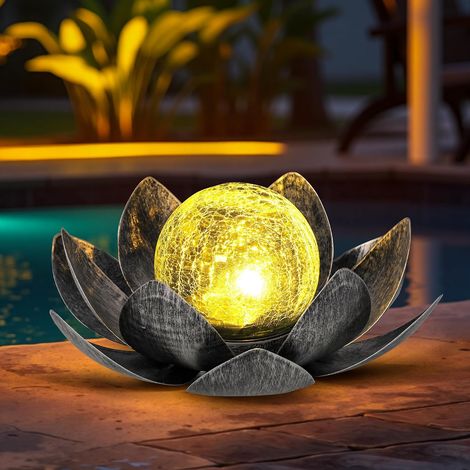 Lampes solaires d'extérieur en Forme de Pétale de Lotus en métal - Lanterne en Verre Craquelé - Étanche - pour Terrasse, Pelouse, Allée, étang (Gris) (1/5)