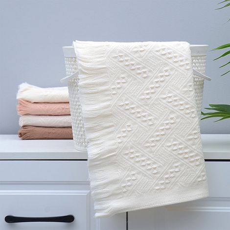 Serviette Coton Blanche - 74 x 33 cm - Bordure Tissée et Pompons - Idéale pour Bain, Plage ou Spa - 1 Pièce (1/5)