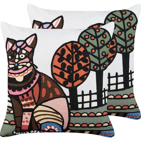Conjunto de 2 cojines de algodón blanco negro marrón 50 x 50 cm gato Mehsana (1/5)