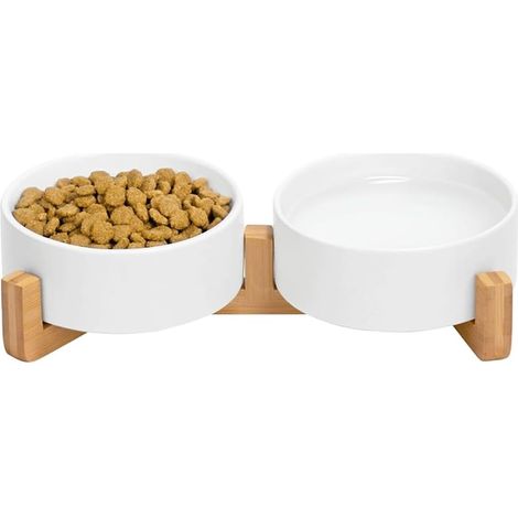 Keramik-Napfset für Katzen und kleine Hunde – Modernes Futter- und Wasserset für Haustiere in kleinen Größen für den Innenbereich mit Holzständer – Rutschfeste Futterstation in Welpengröße mit zwei Nä (1/5)