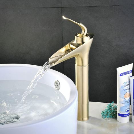 Robinet Salle de Bain Or Brossé Cascade Haut Robinets de Lavabo en Laiton Massif,Antique Rétro Mitigeur évier Lavabo,Chaude et Froide Réglable,Valve en Céramique