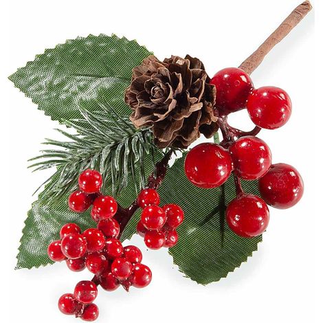 Mazzolino decorativo pick con aghi di pino e pigna con bacche rosse artificiali, set da 24 pezzi, cm 9 H (con gambo 15,5)