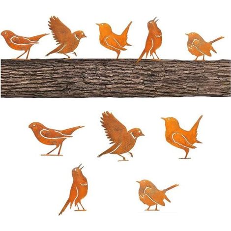 5 Rostige Vogelstücke Außendekoration für Bäume, Natürliche Patina, Retro Blumen- und Meisendekoration.