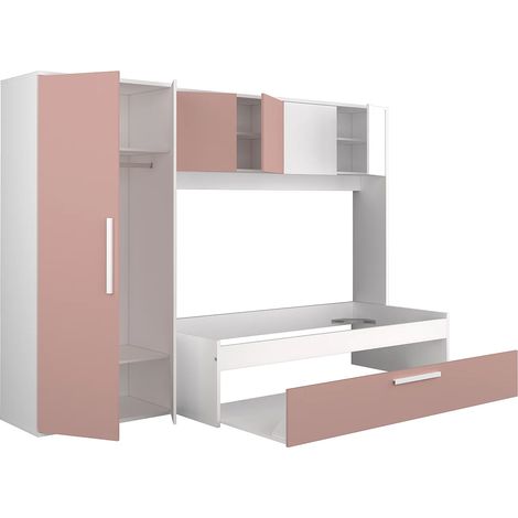 Letto con cassettone 2 x 90 x 200 cm - Con armadio - Rosa e bianco - LUMOKA
