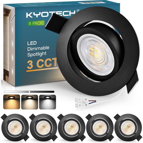 Lot de 6 spots LED encastrables - 230 V - Intensité variable - 60-70 mm - 5 W - 550 lm - 3000 K/4000 K/6500 K - IP44 - Pour salle de bain et salon - En aluminium brossé - Non rotatifs (1/5)