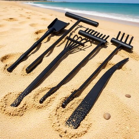Ensemble de 6 pièces (noir) pour jardin zen avec râteau et pelle, idéal pour la méditation sur bureau. Mini plateau à sable avec pelle et râteaux. Décoration anti-stress pour la maison et le bureau. (1/5)