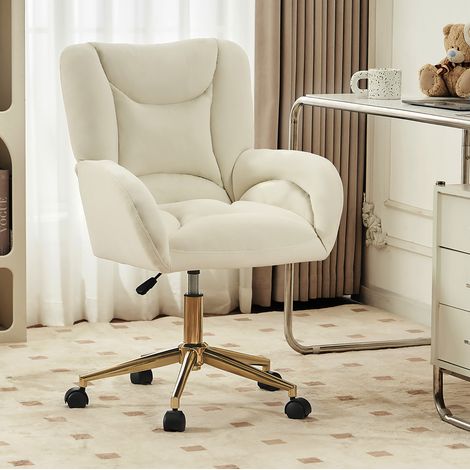 Chaise de bureau en velours ivoire 64 x 62 x 92,5 cm, hauteur réglable, pivotante 360° (1/5)