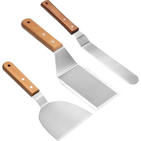 Set de 3 Spatules Professionnelles pour Plancha Poignée en Bois - Spatule à Steak en Acier Inoxydable 26cm avec Grattoir et Spatule Courbe, Argent (1/4)
