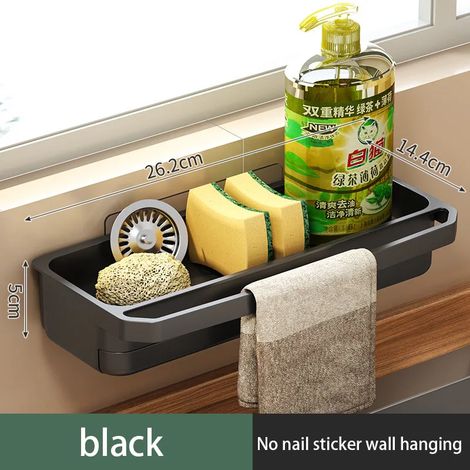 Étagère de rangement pour robinet de cuisine, égouttoir réglable sans trou avec bac de récupération, étagère murale pour éponges (1/5)