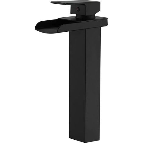 FENOPLASTICARobinet de lavabo noir mat avec bec cascade et flexible d'alimentation, mitigeur monotrou à poignée unique, robinet mitigeur de lavabo coudé de style commercial haut, noir (1/5)