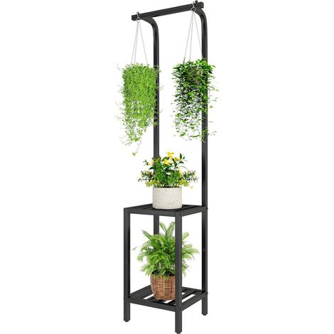 170cm de Haut Support pour Plantes d'Intérieur et d'Extérieur, 3 Étagères Suspendues Support Pot de Fleurs en Métal, Étagère à Plantes pour Salon Balcon Jardin, Noir TMJ076B (1/5)