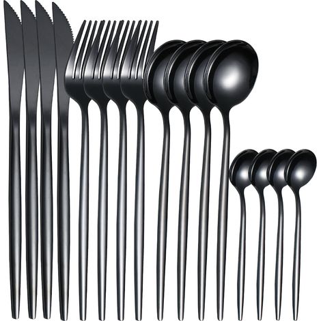 (Noir) Couverts en acier inoxydable, y compris couverts, fourchettes, cuillères et cuillères à café. (1/2)