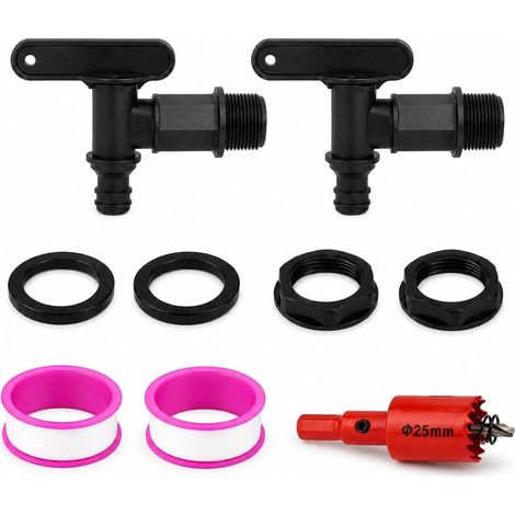 Lot de 2 Robinets 3/4" pour Cuve Eau de Pluie, Kit avec Scie Cloche 25 mm Raccord Tuyau d’Arrosage, Joints PVC, Écrous PP, 2 Rubans d’Étanchéité, Pour Fûts, Bidons, Réservoirs, Jardin et Irrigation (1/5)