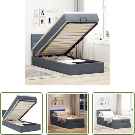 vidaXL LED-Beleuchtung - Ottoman-Bett mit Matratze & LEDs Dunkelgrau 90x200 cm Samt (1/5)