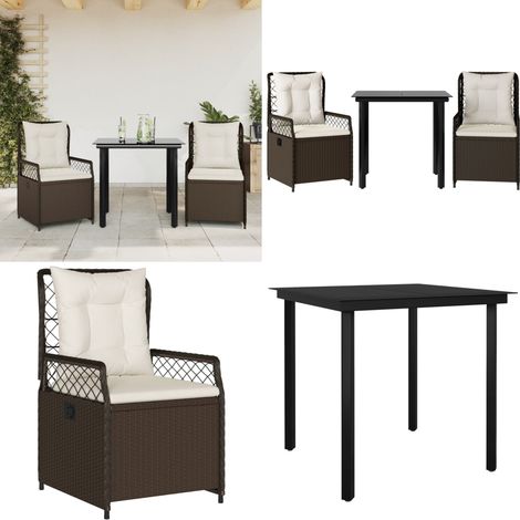 Ensemble à manger de jardin 3 pcs et coussins marron poly rotin - Chaise de jardin - Table de jardin (1/5)