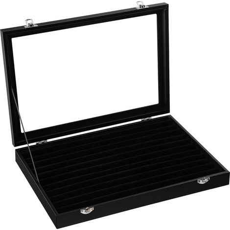 1 coffret à bijoux, avec couvercle en verre, pour bagues et clous d'oreilles, intérieur en velours noir, finition PU (1/5)