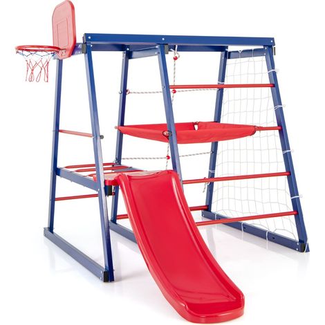 7-in-1 Parco giochi con scivolo e rete scala rampicante e scala di corda, Giochi arrampicata in legno per 3-4 bambini 150x142x146cm