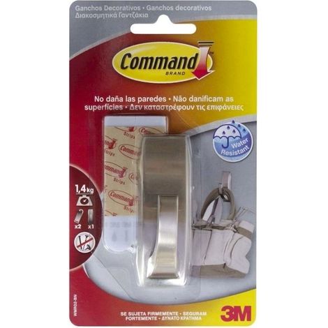 Command gancho metálico con reflejos modernos, mediano, níquel satinado, 1 ud + 2 tiras, carga máx 1,3 kg (1/2)