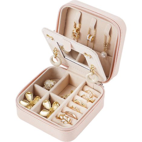 Boîte À Bijoux - Cuir Pu Et Velours Avec Miroir - Rangement Boucles D Oreilles Bagues Colliers - Format Voyage 10x10x5 Cm (1/5)