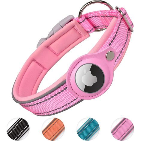 Gepolstertes Hundehalsband für AirTag, reflektierendes Hundehalsband für Apple AirTag, integrierter AirTag für kleine, mittlere und große Hunde, [Rosa – Größe L] (1/5)
