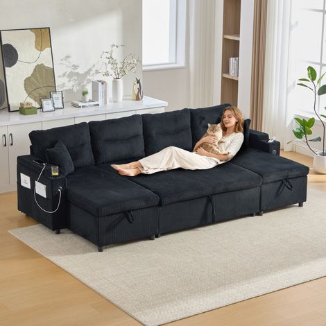 Sofa en velours moderne pour 4 personnes avec chaises longues des deux côtés, espace de rangement intégré, porte-gobelets, ports USB et fonction de couchage extensible – élégant pour tout salon. Noir (1/5)