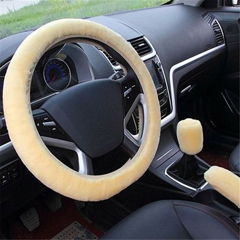 Housse De Volant - En Peluche - Universelle Pour Volant Standard - Protection Hiver Été - Avec Housses Levier De Vitesse Et Frein À Main - Crème - 1 Ensemble (1/5)