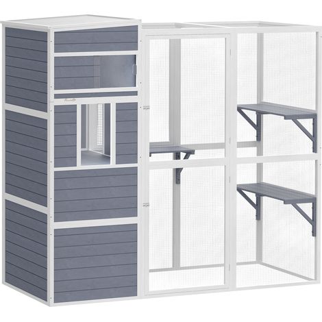 Enclos extérieur en bois pour chats avec 3 plateformes, toit résistant aux intempéries, espace de repos pour 3 à 4 chats jusqu'à 10 kg, gris (1/5)
