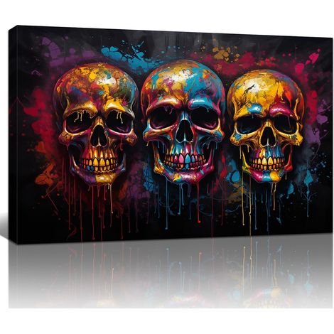 Cadre en Bois Millésimé Coloré Graffiti Crâne Impression Sur Toile, Grande Moderne Abstrait Squelette Art Mural Peintures RougeTableau Decoration Murale Salon Chambre Prêt à Suspendre 60x90CM (1/5)