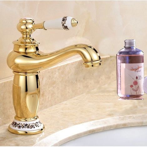 Robinet mitigeur eau chaude/eau froide en laiton doré - Tout cuivre - Robinet de salle de bain en porcelaine bleue et blanche (1/5)
