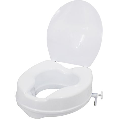 Rehausseur de toilette avec couvercle, supportant jusqu'à 136 kg (300 lb), avec pinces de serrage, compatible avec la plupart des toilettes allongées (blanc, 10 cm [4 pouces]). (1/5)